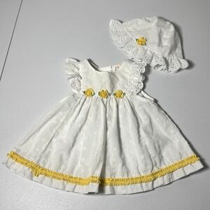 Baby Cotton Dress Bonnet Set White Yellow Roses Eyelet Cottagecore Heirloom 12M